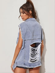 Women's Ripped Holes Sleeveless Denim Jacket Distressed Vest