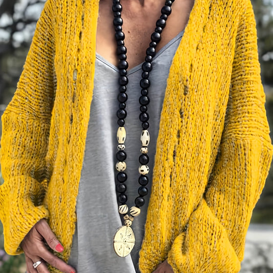  Solid Cut Out Knitted Long Sleeve Open Front Sweater Cardigan