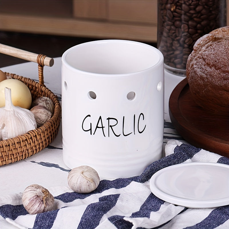 Ceramic Garlic Keeper Crisper Container Lid Storage Box Holder Countertop