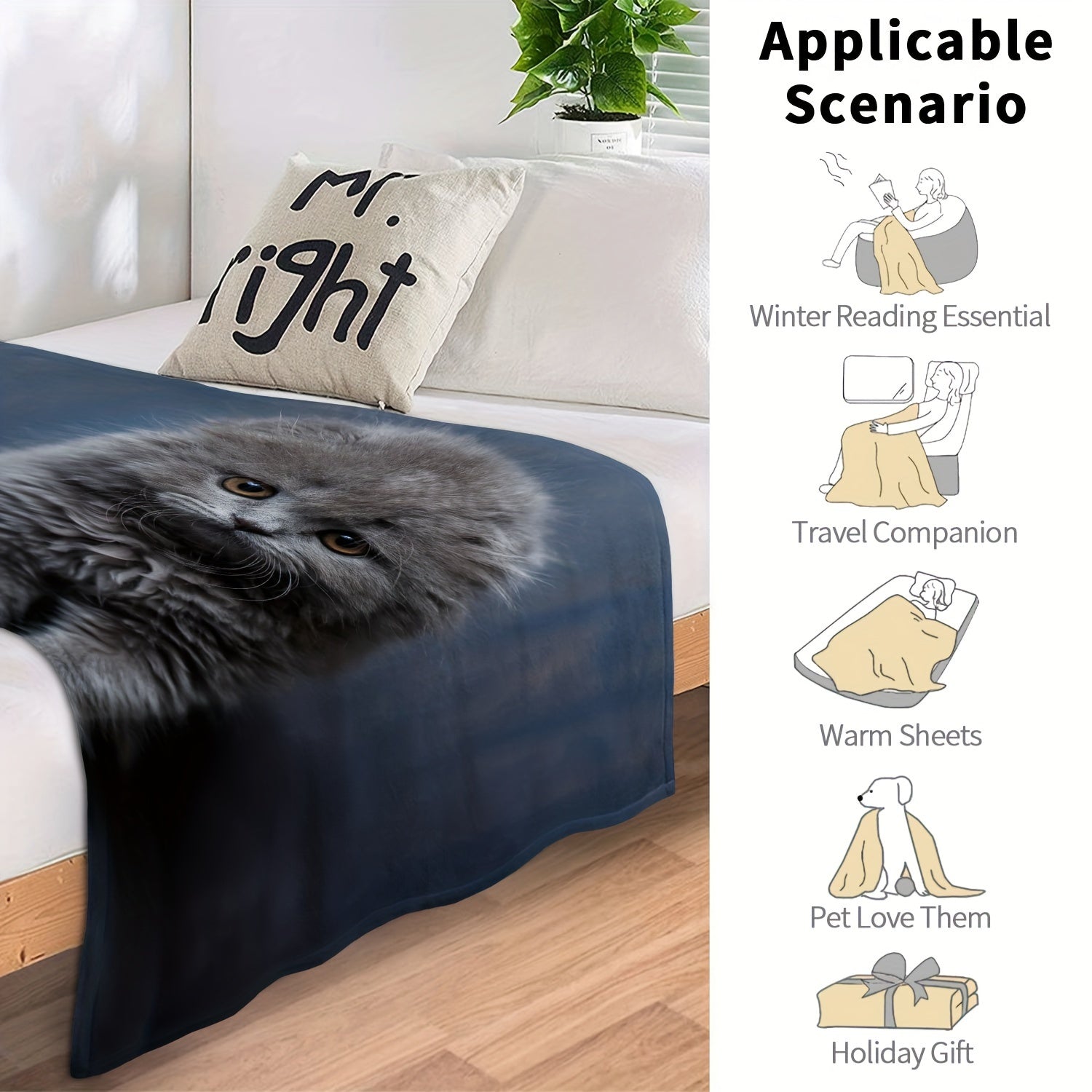Pet Cat Pattern Plush Blanket Soft Cozy Flannel Blanket For Couch Sofa Bed
