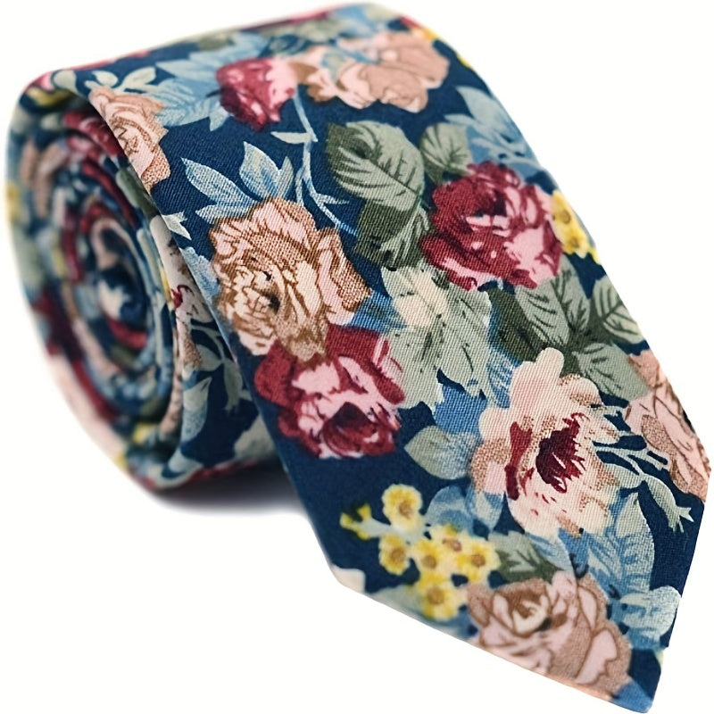Men's Skinny Floral Print Cotton Necktie - Wedding