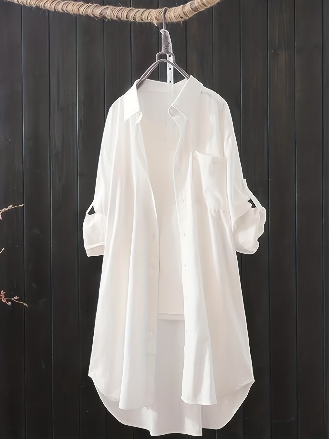 Plus Size Solid Button Up Roll Up Sleeve Blouse