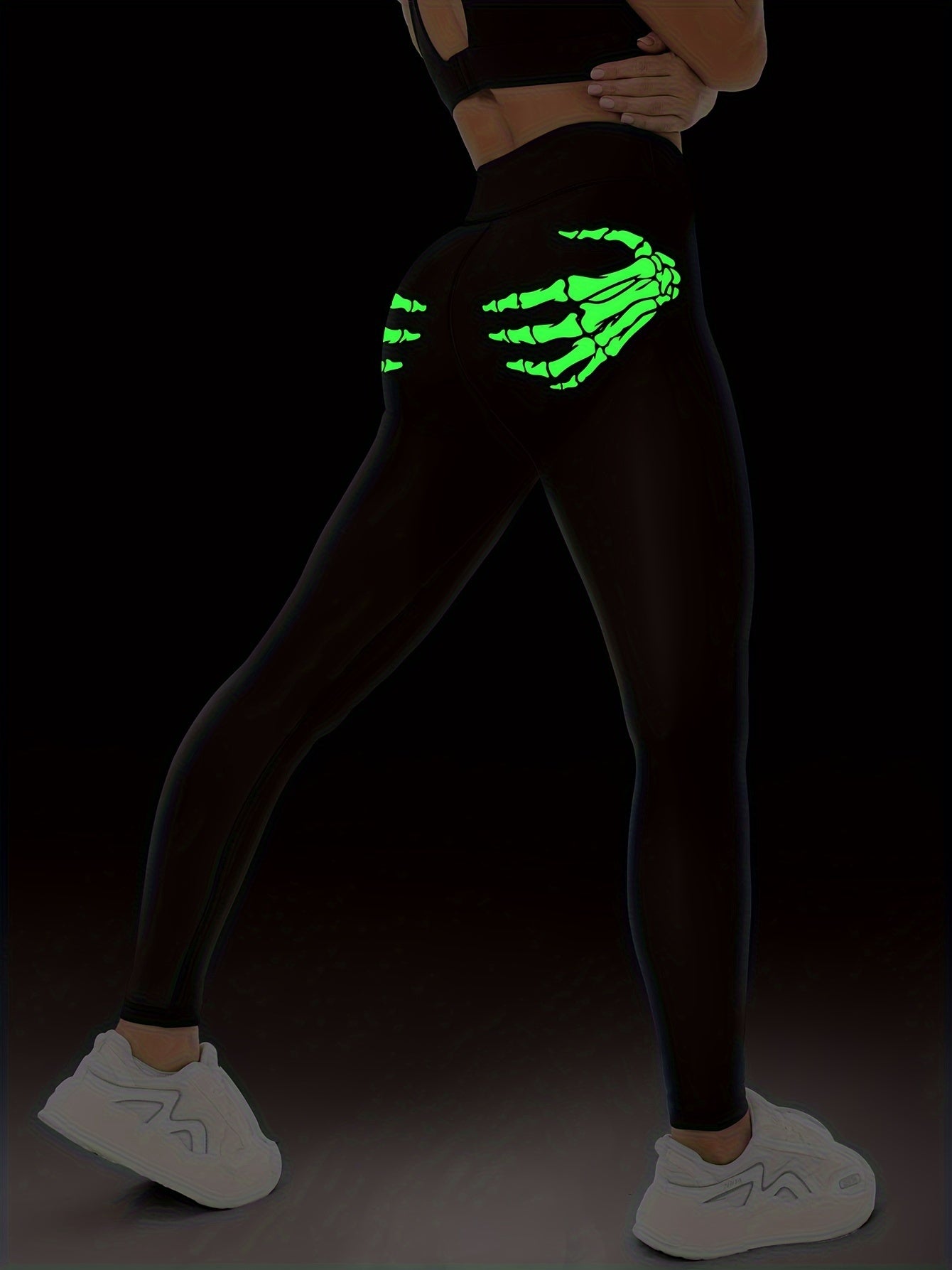 Fluorescent Halloween Skeleton Hands Print Sports Leggings