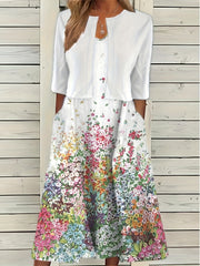 Two Piece Set Cropped Cardigan & Floral Print Dress