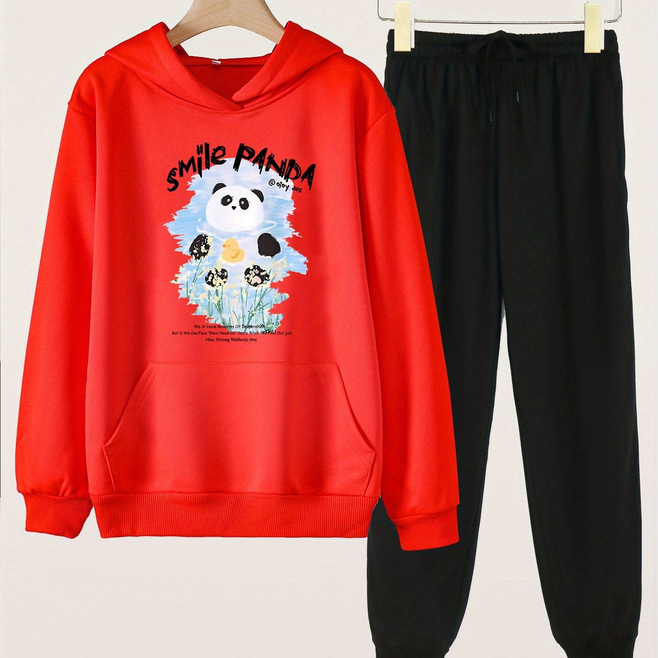 2pcs Panda Print Girls Hoodie & Sweatpants Set Kids Casual Long Sleeve Loose Hoo