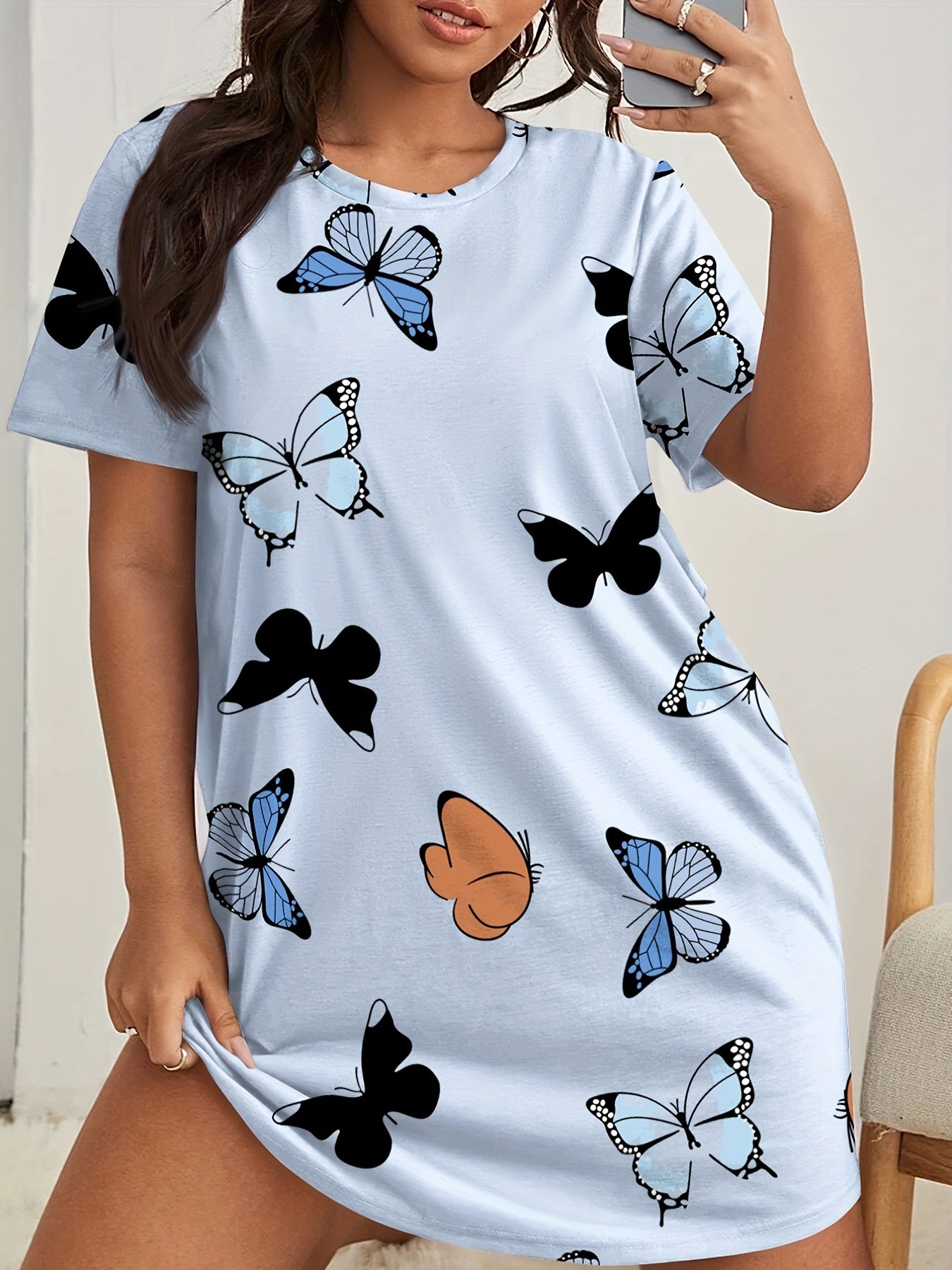  Butterfly Print Nightdress Short Sleeve Round Neck Sleep Dress