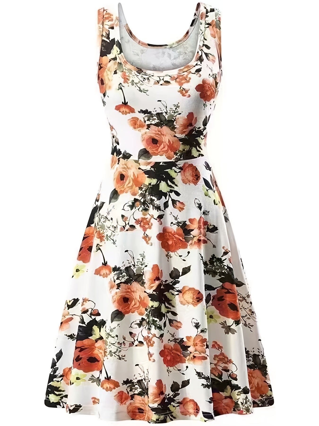  Floral Print Round Neck Stretch Tank Dress