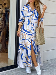  Chain Print Long Sleeve Maxi Shirt Dress