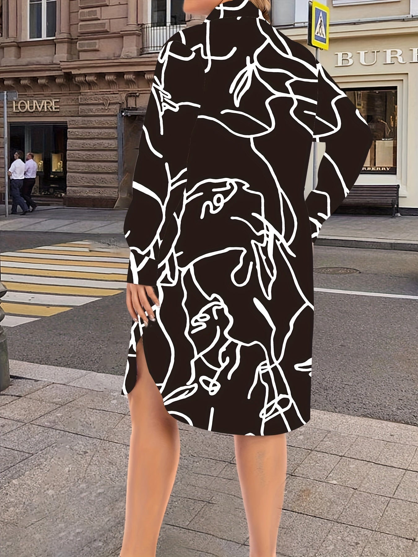 Plus Size Random Print Button Up Long Sleeve Shirt Dress