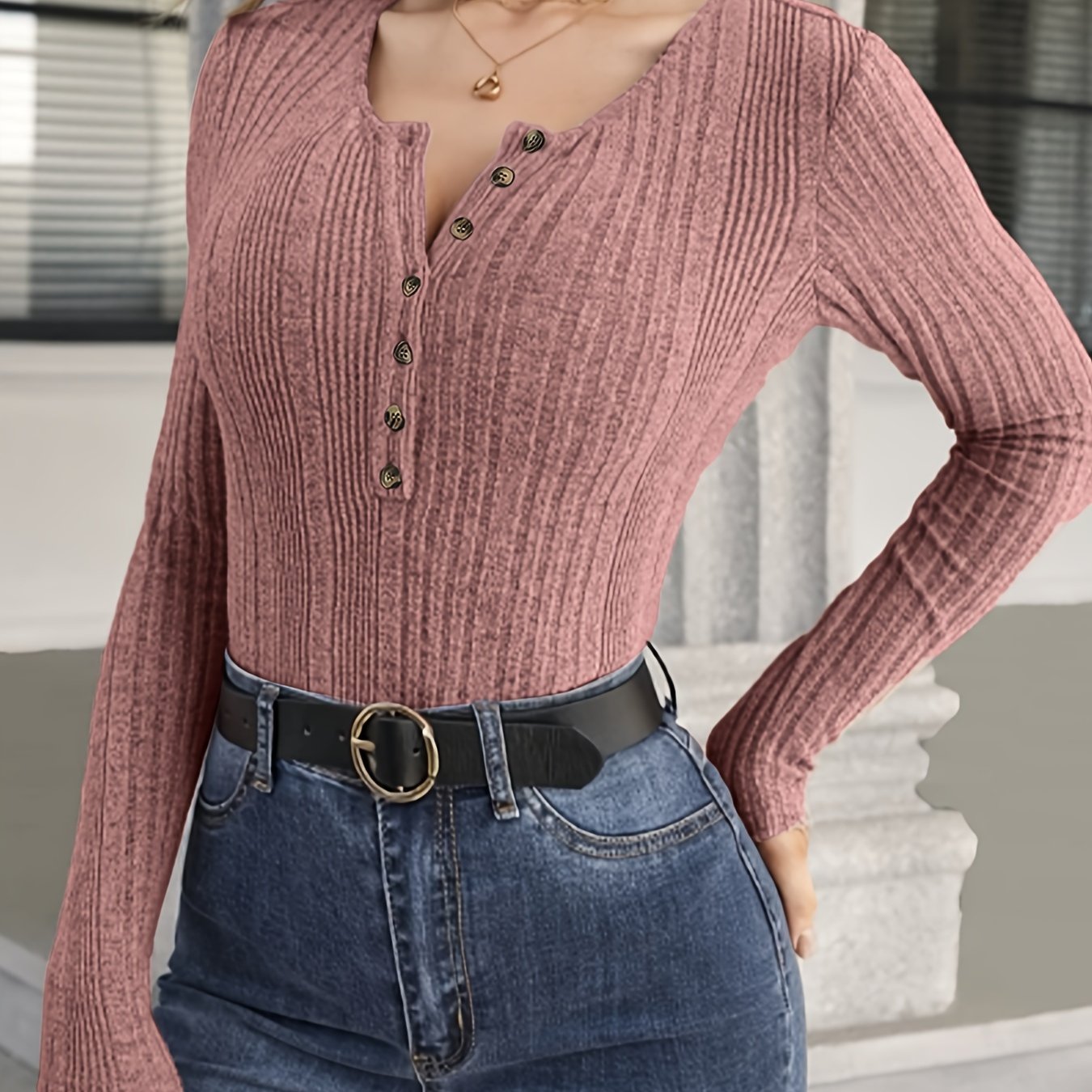  Solid Knit Top Women's Casual Half Button Long Sleeve