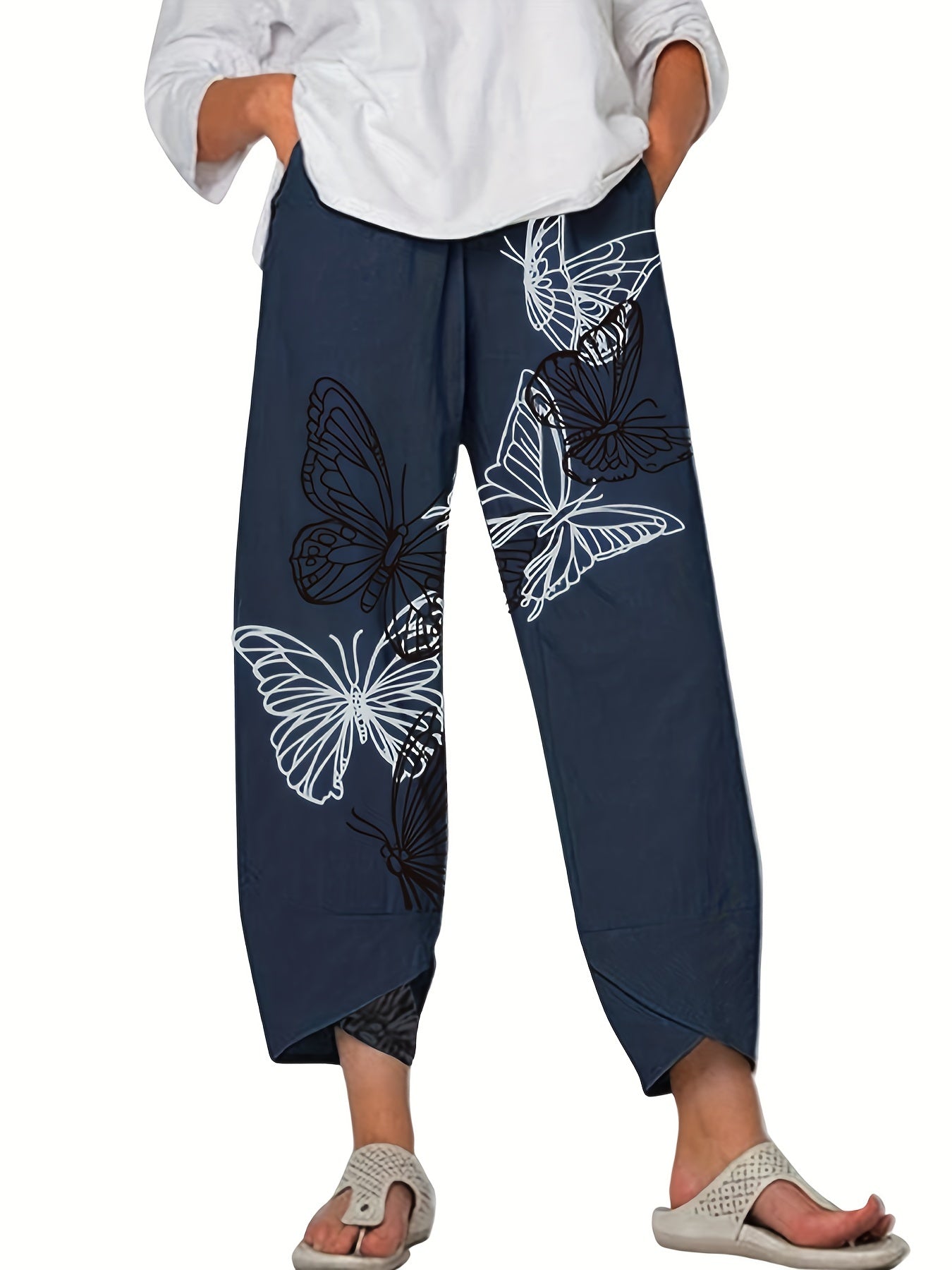  Butterfly Print Wide Leg Cropped Pants