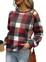 Plaid Pattern Crew Neck Sweatshirt for Women