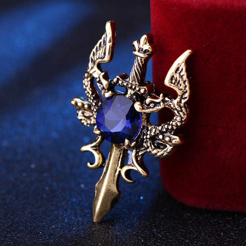 Men's Retro Shuanglong Sword Brooch Domineering Gem Crystal Suit Corsage