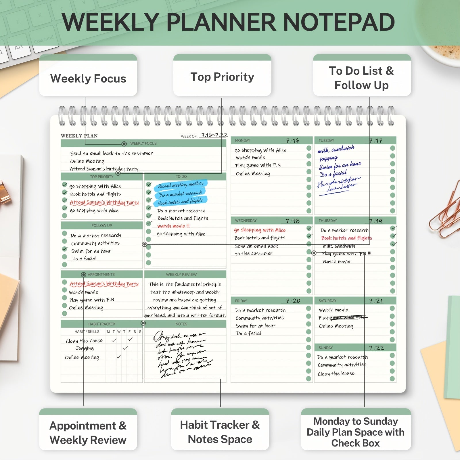 Undated Spiral Weekly Planning Pad with Weekly Goals Priority To Do List