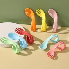 Kids Training Spoon Curved Handle Fork Spoon Set with Storage Box