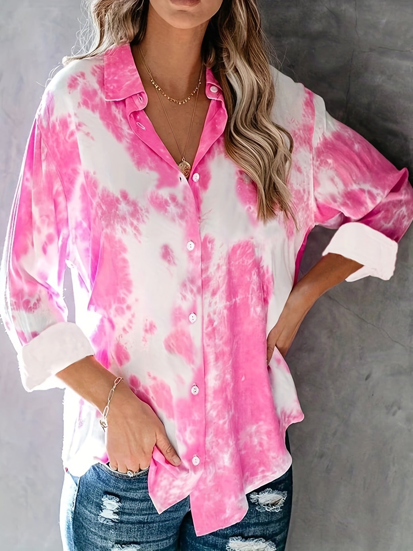  Tie Dye Long Sleeve Button Up Blouse