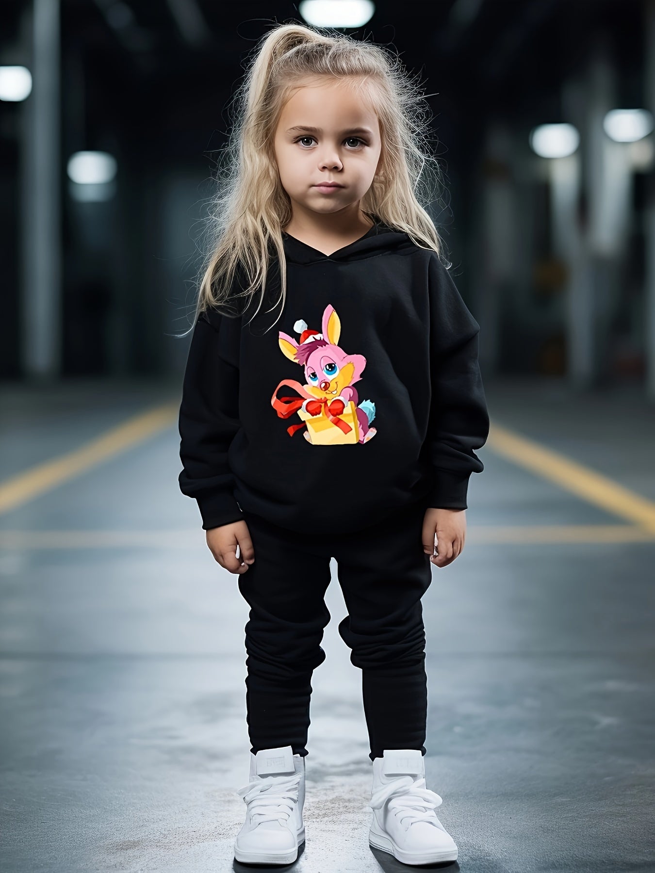 Girls 2pc Rabbit Pattern Hooded Sweatshirt and Sweatpants Set