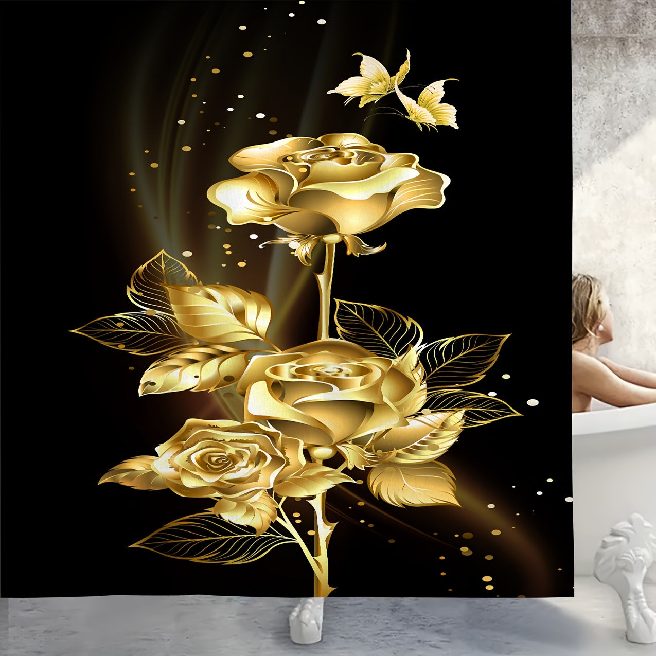Golden Flower Shower Curtain Set with Bathroom Rug and Mat