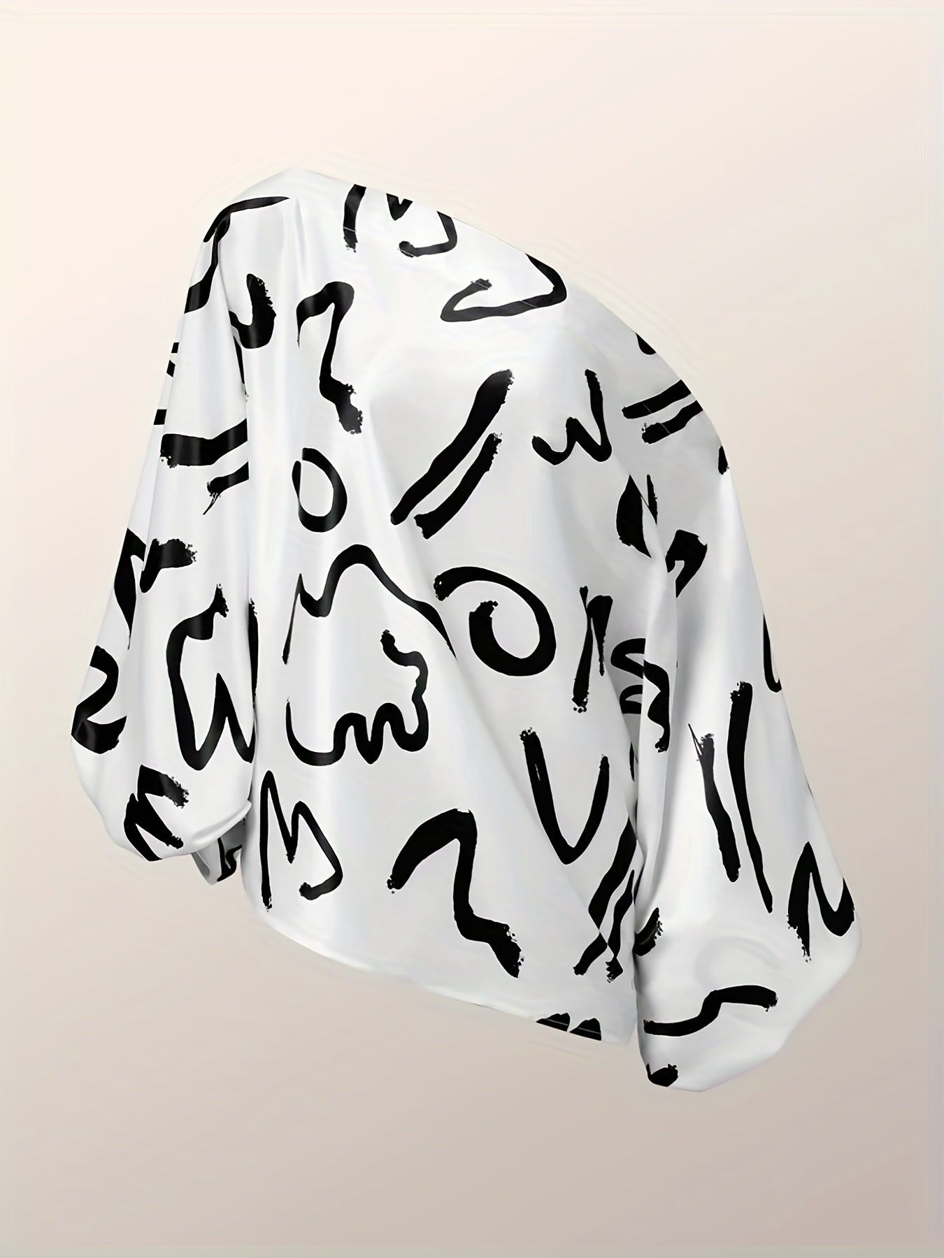  Graffiti Print One Shoulder Lantern Sleeve Top
