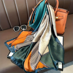 Geometric Print Large Satin Scarf Block Shawl Silk Windproof Head Wrap