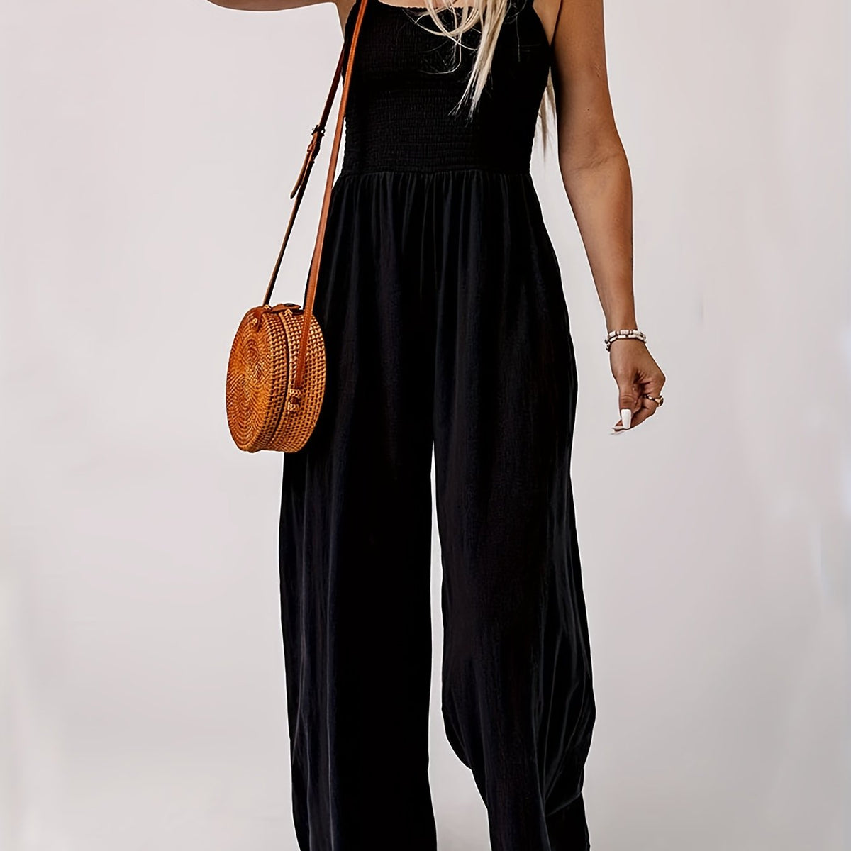 Solid Wide Leg Jumpsuit with Suspender | Women's Clothing