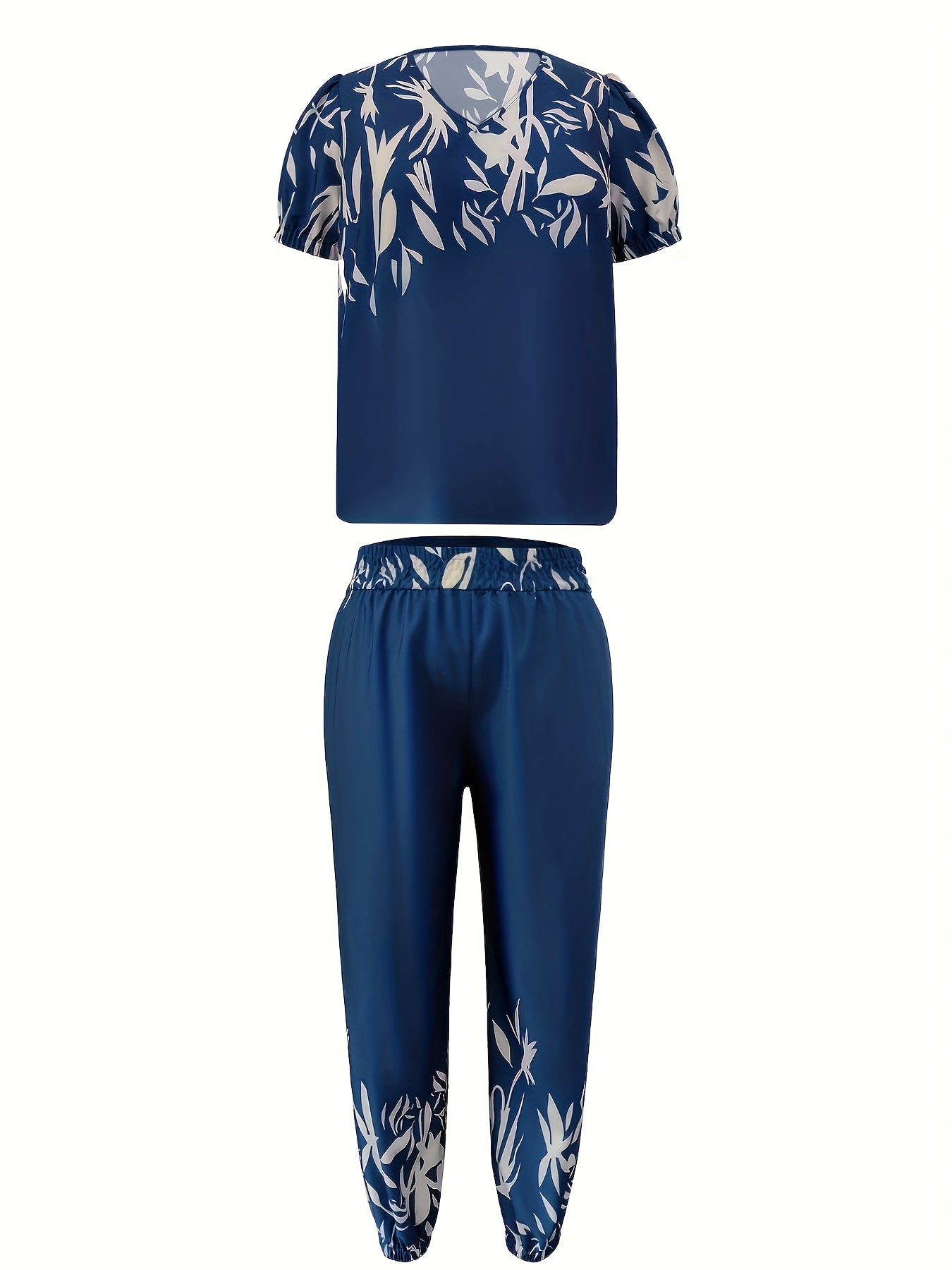  Leaf Print Top & Pants Outfits Set Women's Plus Two Piece Set