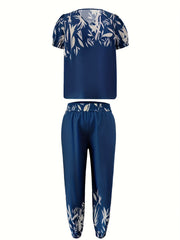  Leaf Print Top & Pants Outfits Set Women's Plus Two Piece Set