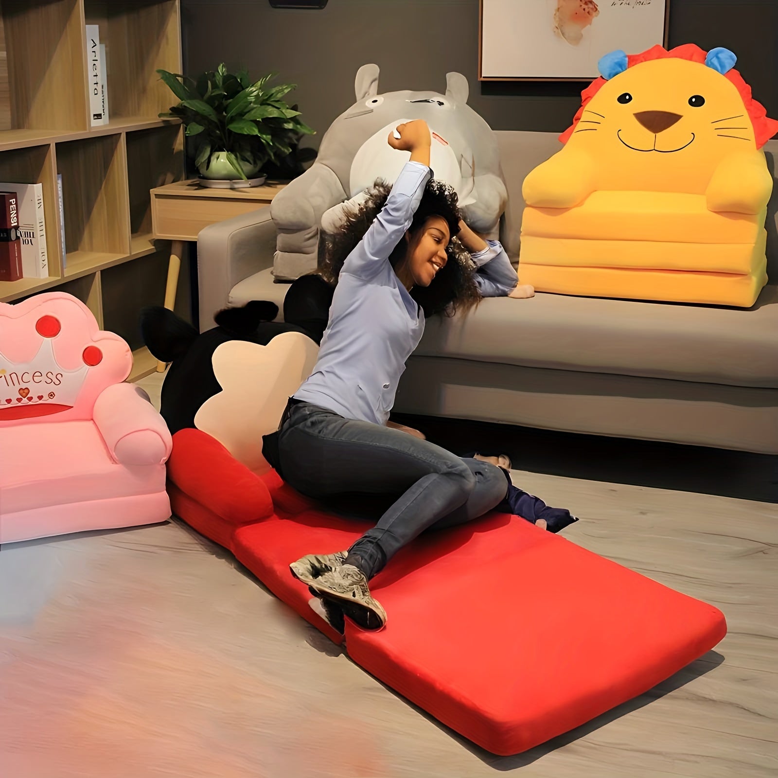Kids' Folding Sofa Stool Plush Reclining Seat