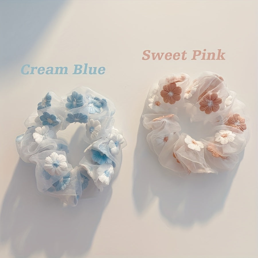2pcs Flower Pattern Scrunchie Hair Tie Non Slip Ponytail Holder Elastic Hair Acc