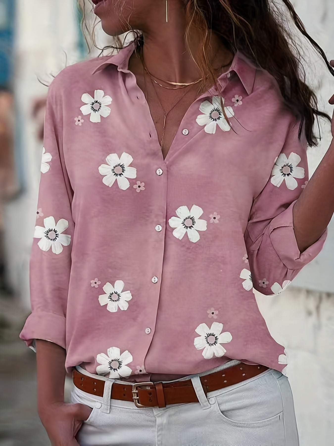  Floral Print Long Sleeve Button Up Blouse