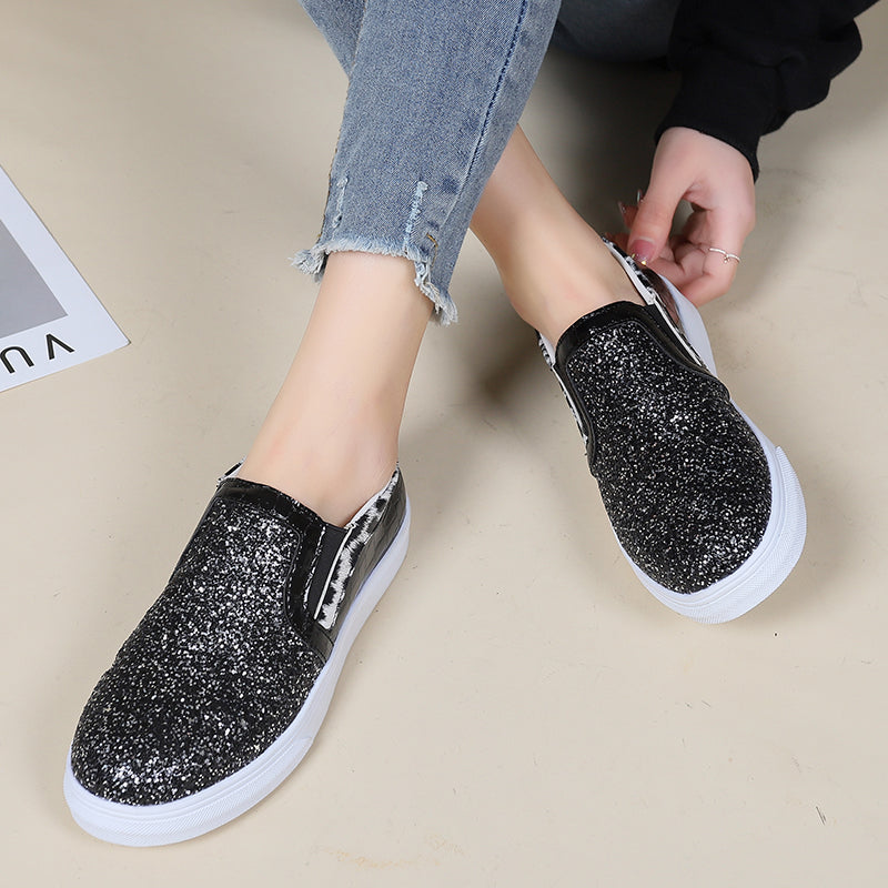 Women's Sequins Flat Loafers Slip On Low Top Sneakers Casual Canvas Shoes