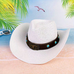 Cattle Head Decor Straw Hat Sunshade for Travel Seaside Unisex