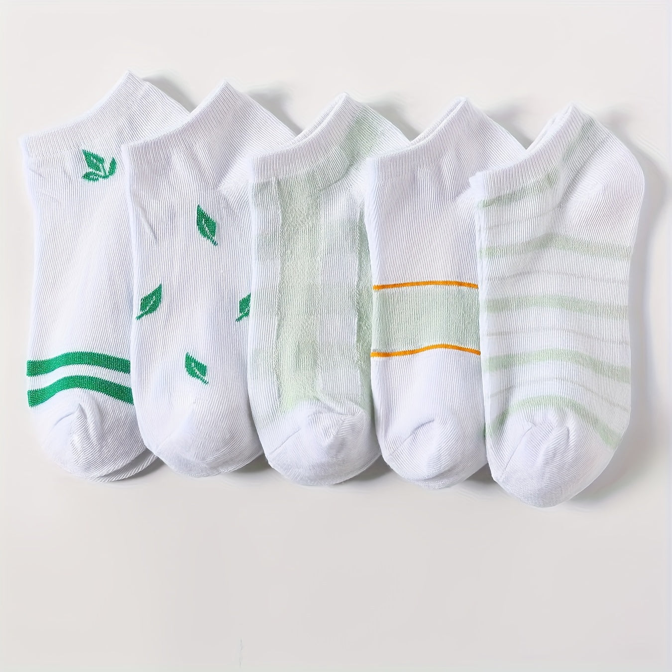 5 Pairs Striped & Leaf Print Low Cut Ankle Socks Women's Stockings