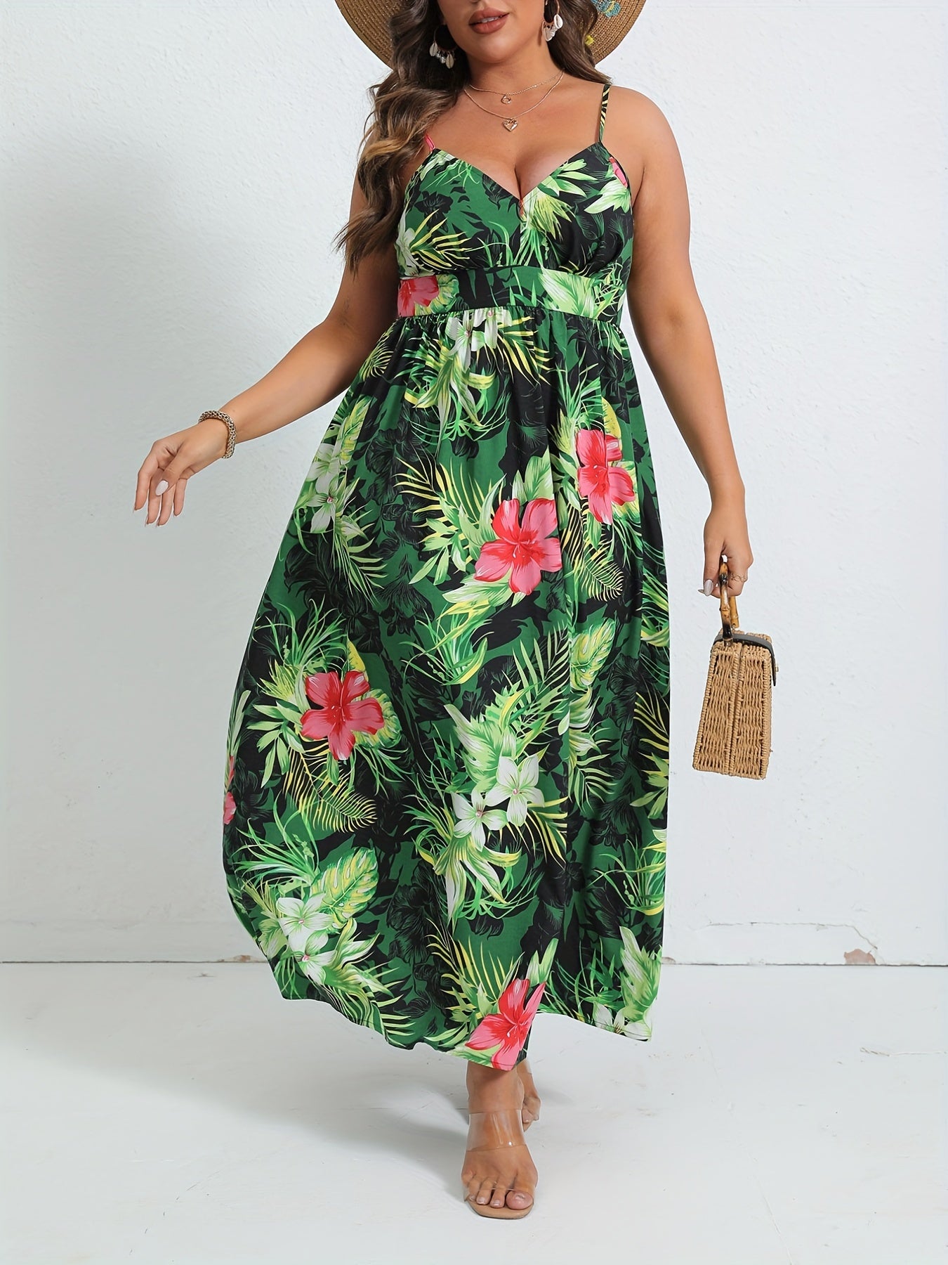  Boho Dress Women's Plus Tropical Print V Neck Nipped Waist Pleated Cam