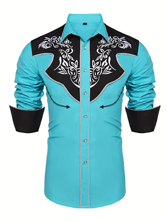 Embroidered Pattern Men's Shirt Top Turn Down Collar