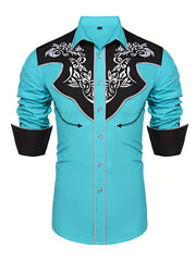 Embroidered Pattern Men's Shirt Top Turn Down Collar