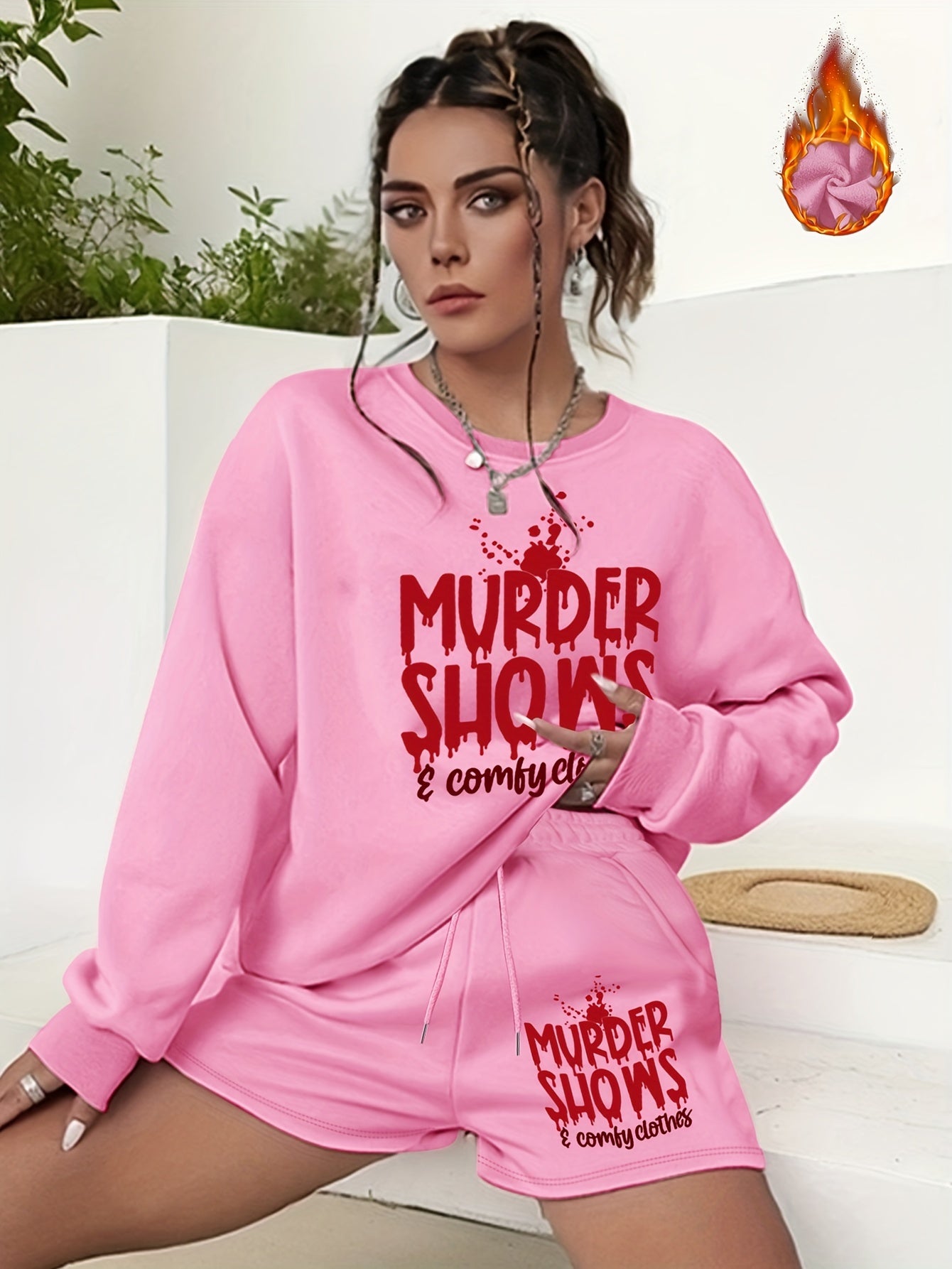 Women's Plus Size Halloween 2pcs Set Letter Print Sweatshirt & Shorts