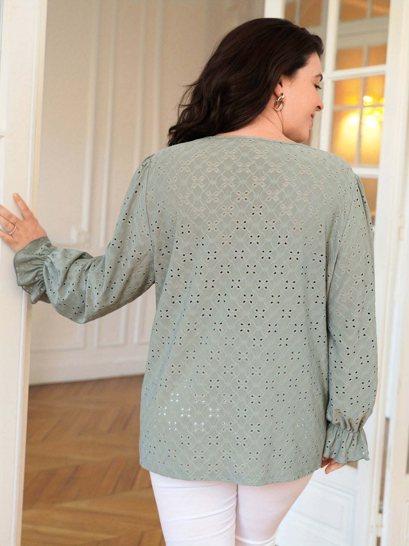  Boho Eyelet Sleeve V-Neck Blouse