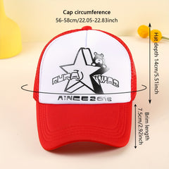 Cartoon Bear Print Trucker Hat Anime Mesh Baseball Cap Red