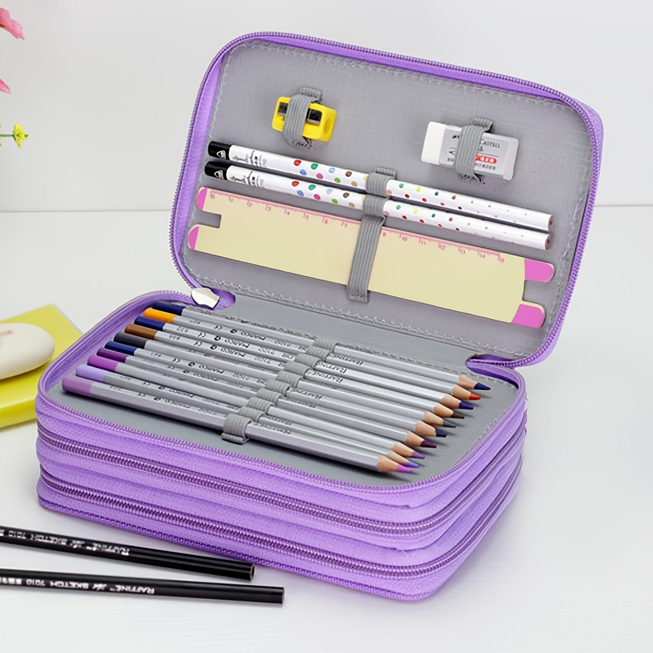 Purple Three-Layer Pencil Case