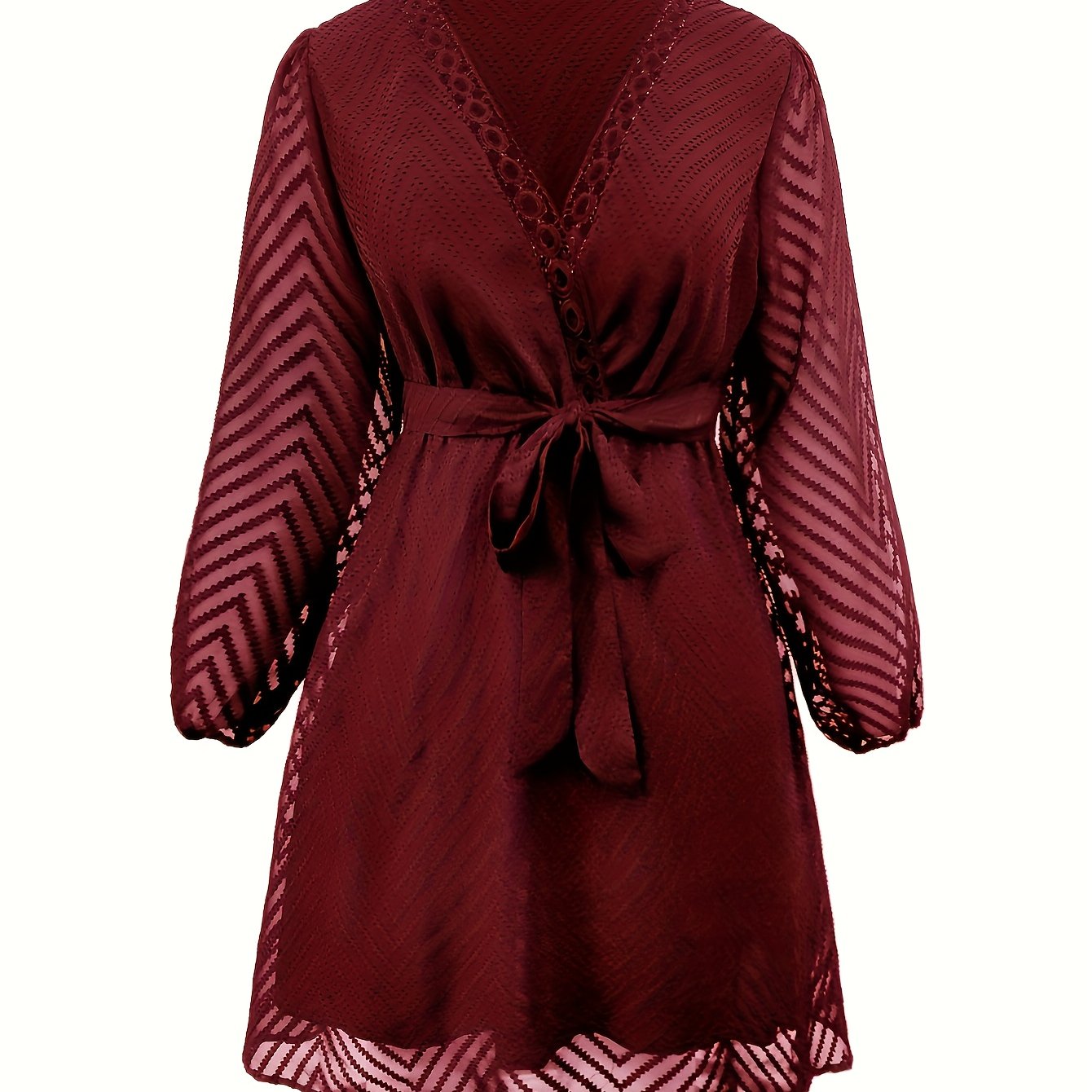  Chevron Print Mesh Lantern Sleeve Layered Dress With Belt