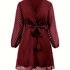  Chevron Print Mesh Lantern Sleeve Layered Dress With Belt
