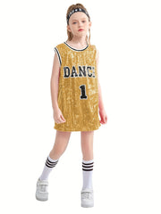 Girls Sequin Sleeveless T shirt Dress Socks Set For Dance Performance