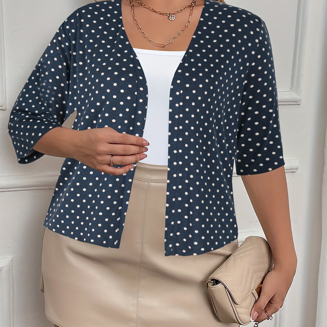  Polka Dot Print Cardigan Half Sleeve Open Front