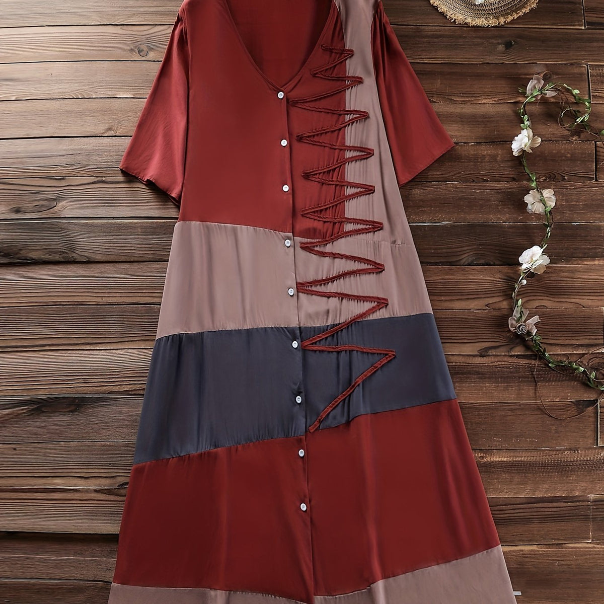  Colorblock Button Up V Neck Tee Dress