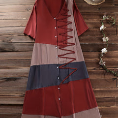  Colorblock Button Up V Neck Tee Dress