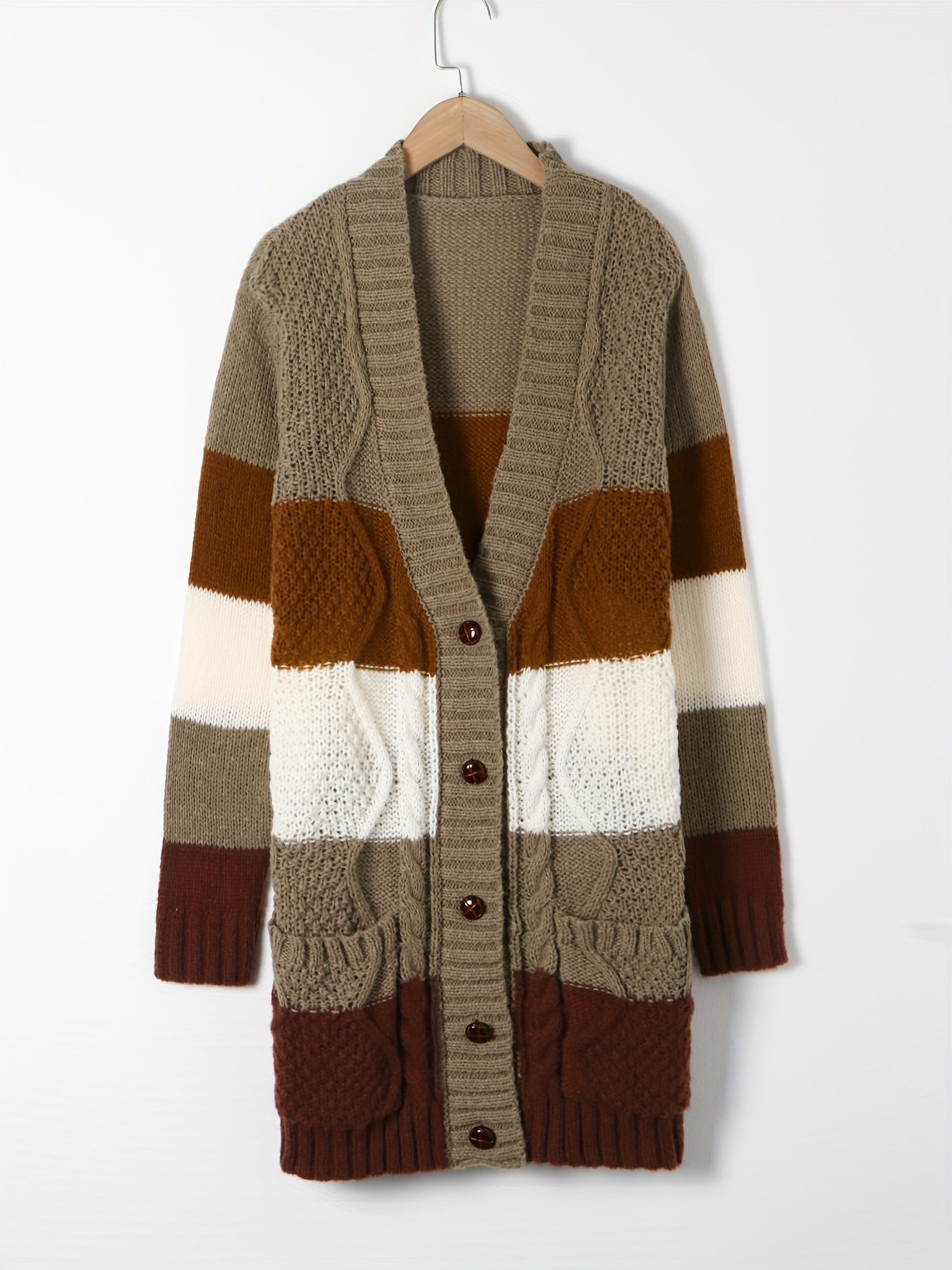  Colorblock Long Sleeve Button Up Sweater Cardigan With Pockets