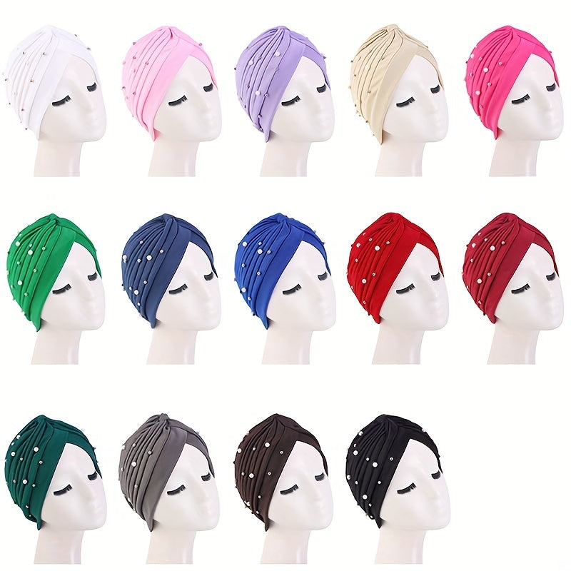 Faux Pearl Decor Turban Pleated Chemo Cap Hat