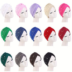 Faux Pearl Decor Turban Pleated Chemo Cap Hat