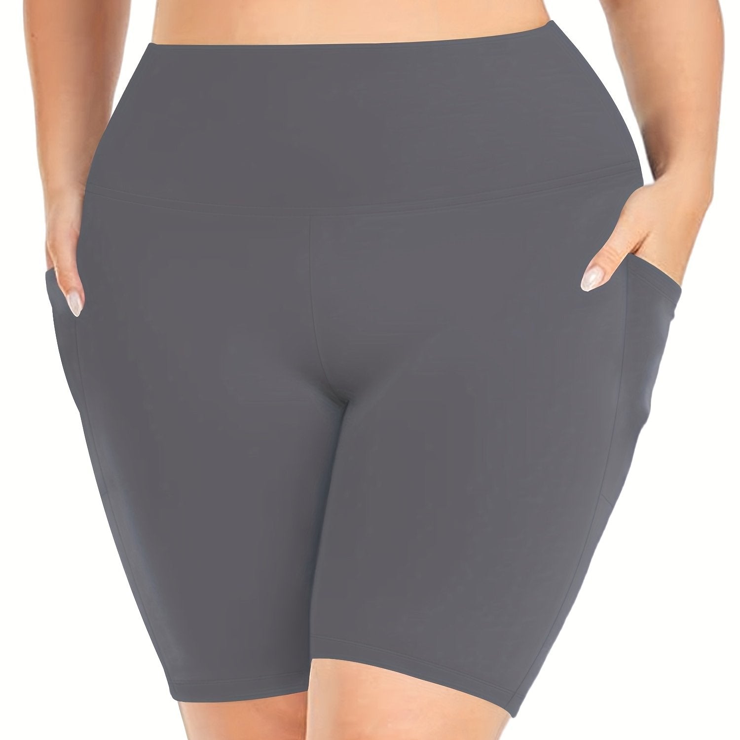 Plus Size Sports Shorts Women's Plus Solid High Rise Pockets Side Stretchy Yoga